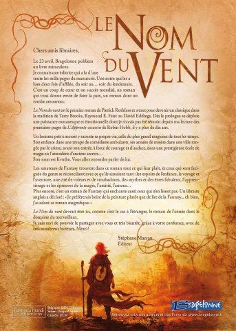 Publicité pour Le Nom du Vent de Patrick Rothfuss, parue dans le numéro 766 du magazine livres Hebdo.